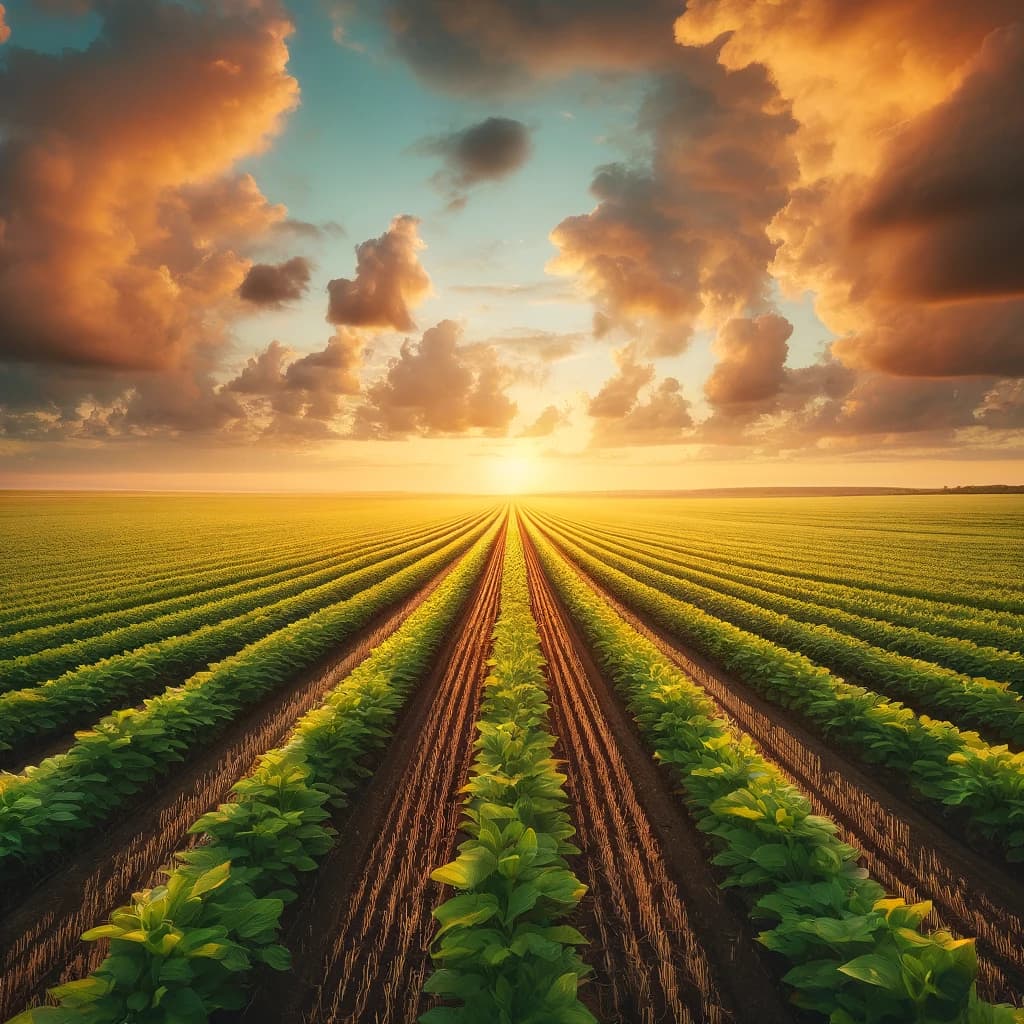 Plantação de jovens plantas verdes crescendo em fileiras perfeitamente alinhadas, estendendo-se em direção ao horizonte sob um céu vibrante com nuvens laranjas e amarelas durante um pôr do sol espetacular.