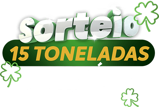 Banner promocional de sorteio com texto 'Sorteio 15 toneladas', em estilo tridimensional, com trevos de quatro folhas ao redor, representando sorte.